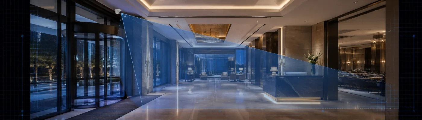 Camera coverage across a hotel reception and public area