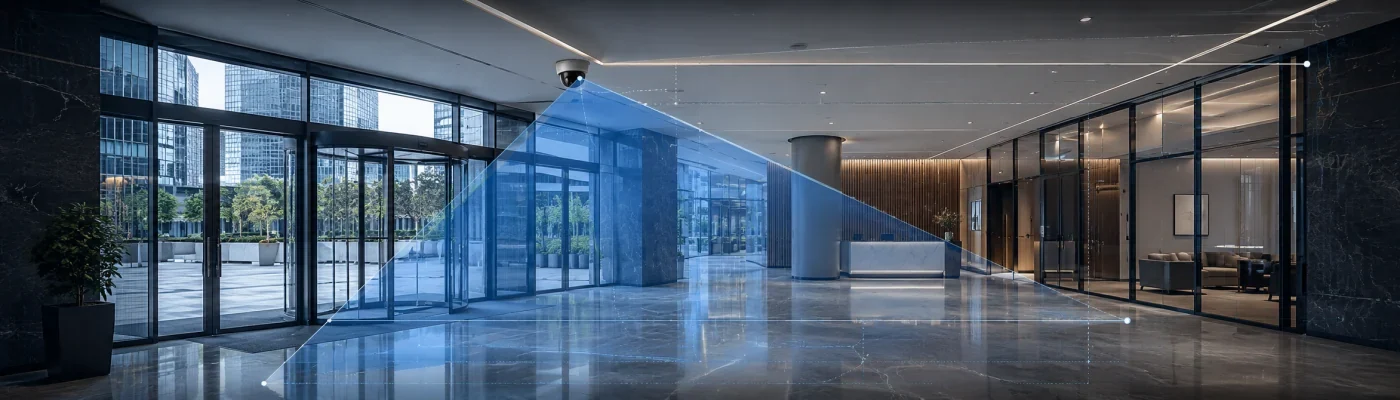 Camera coverage across a commercial office lobby and reception