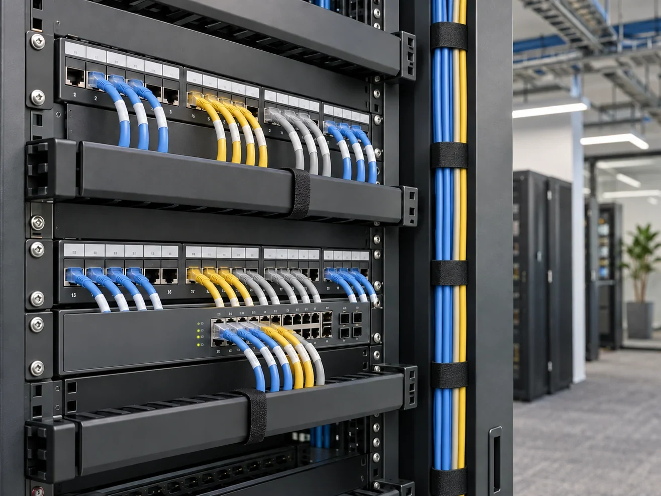 Dressed patch panels and copper patch leads in an open network rack