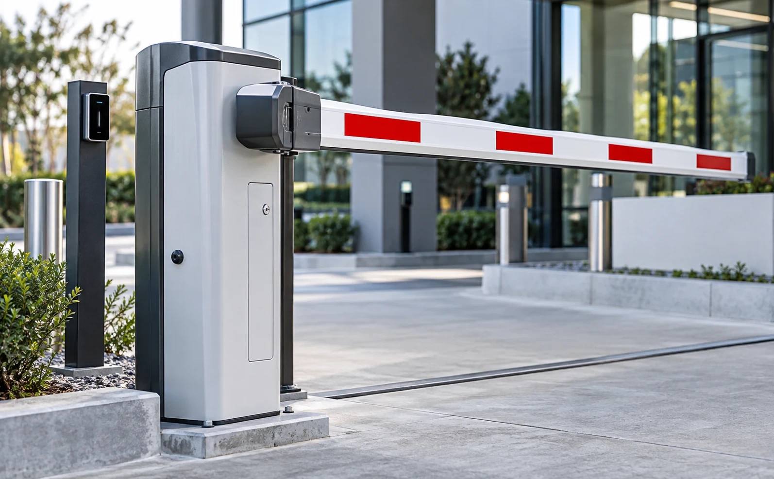 Vehicle gate barrier at a building entrance